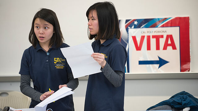 Christine Tan and Melanie Tran and part of the Volunteer Income Tax Assistance program at Cal Poly Pomona February 9, 2019 (Photo by Tom Zasadzinski)