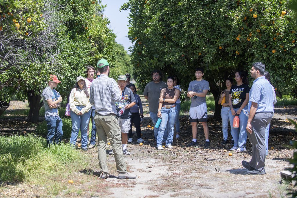 Aaron Fox speaks to his Sustainable Agriculture class at a Spadra Farm orange grove on the first day of classes.
