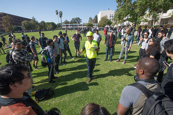 Faculty, staff and students evacuate during the 2019 Great California ShakeOut