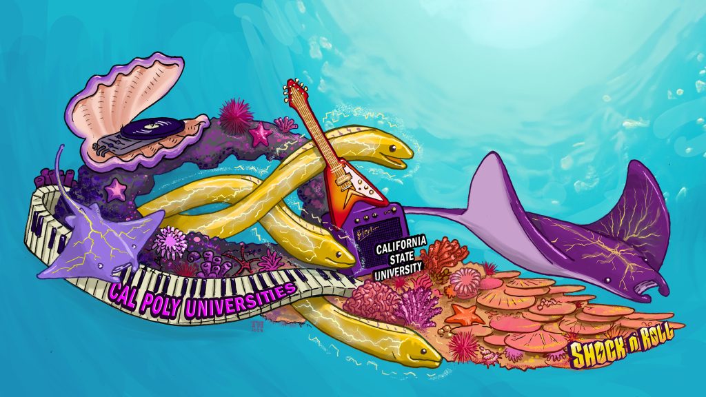 Rendering of the 2024 Cal Poly Universities Rose Parade Float "Shock n' Roll 
