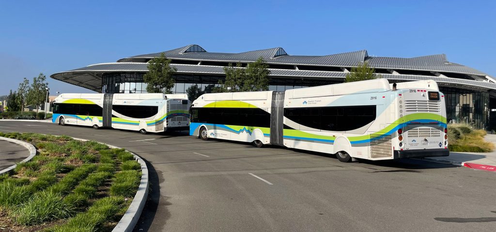 The Foothill Transit silver streak bus in front of the SSB building.