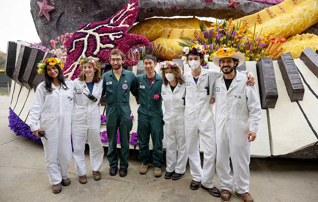 The onboard crew of the Cal Poly Universities Rose Float, Shock and Roll, following judging at the Rose Bowl.