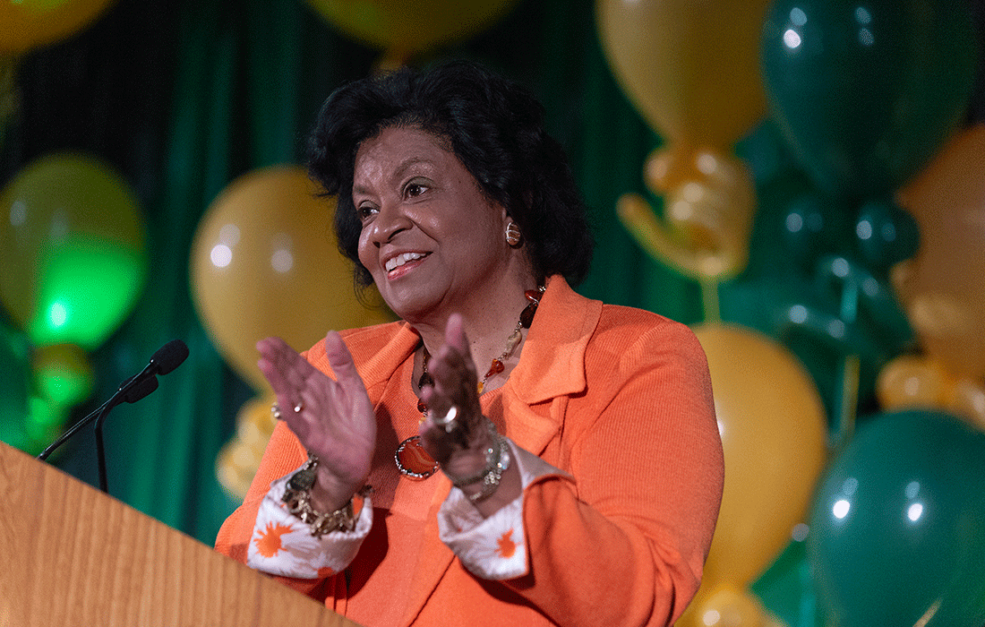 President Coley smiles during the 2024 Fall Conference address.
