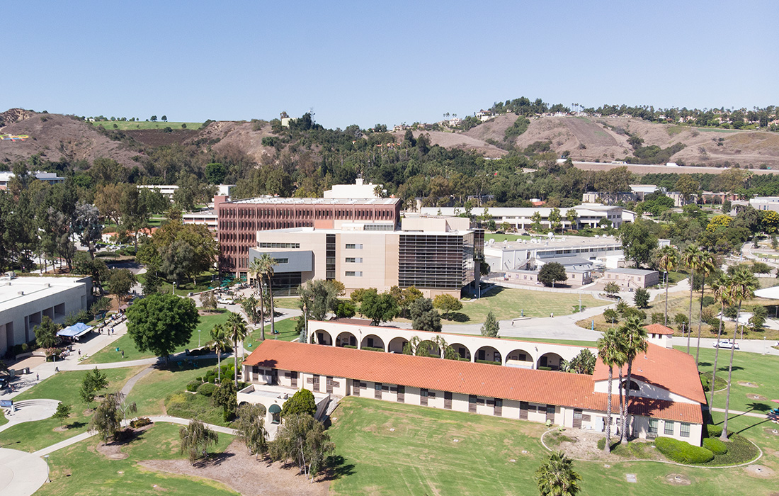 Aerial view of the Campus and old stables. 