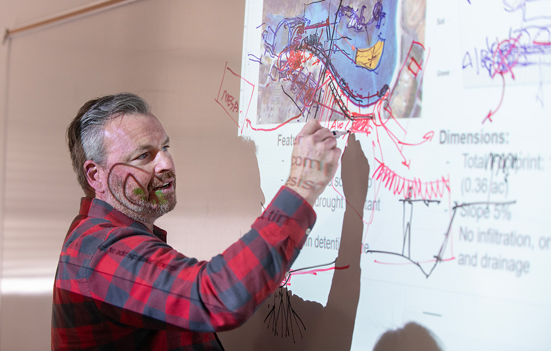 Professor writing on white board