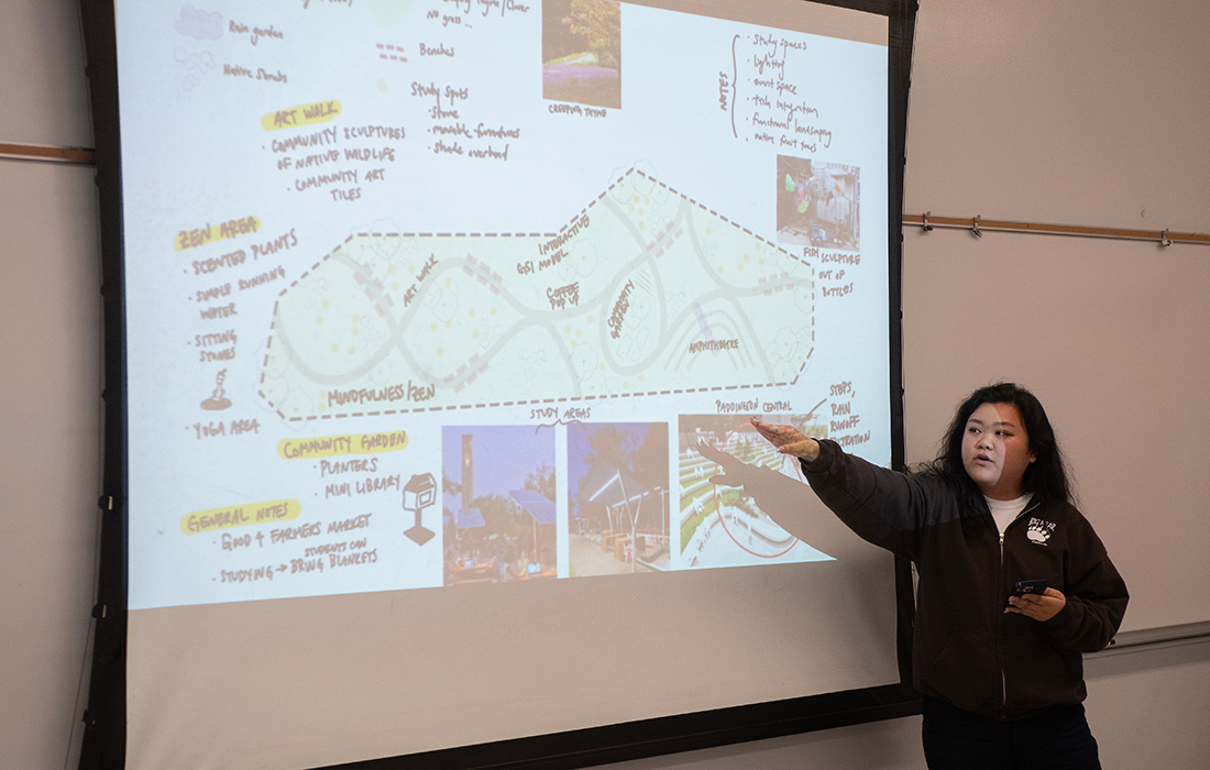 Professor gives a lecture to her class.