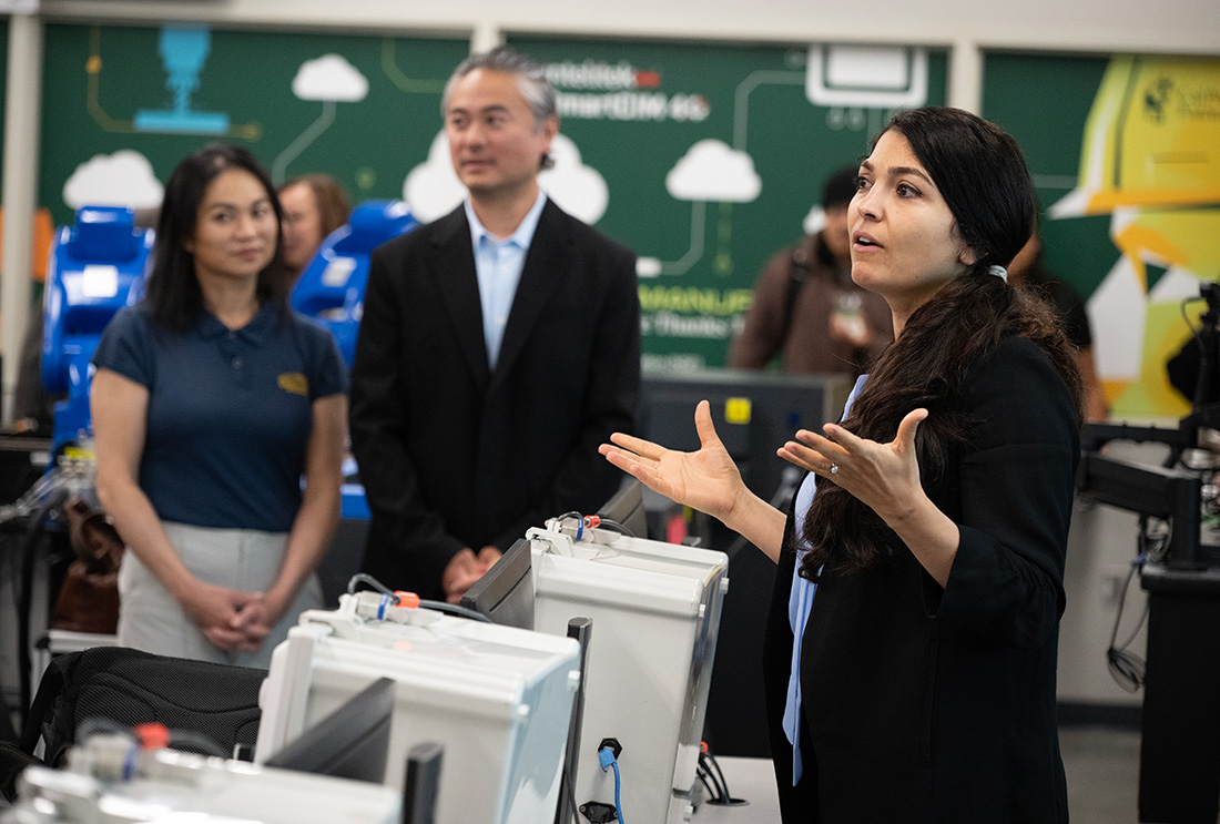 Shokoufeh Mirzaei speaks at the opening of the Vy and Timothy Li Automation Lab