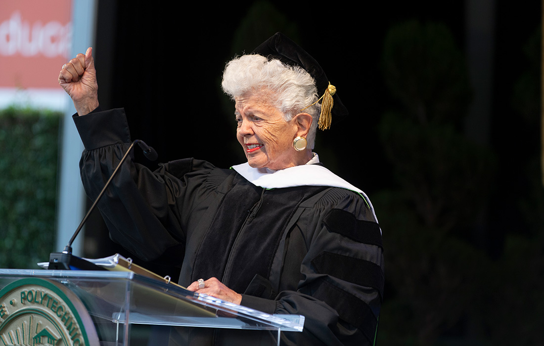 Grace Napolitano speaks during the 2025 College of Letters, Arts and Social Sciences commencement ceremonies.