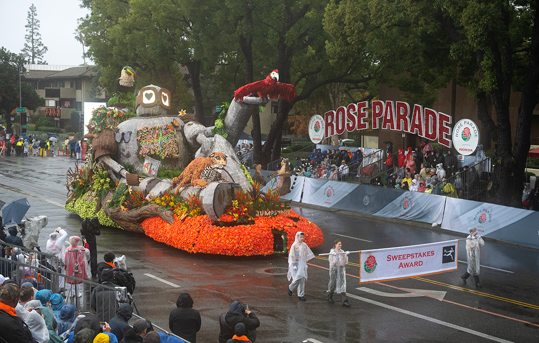 The 2026 Jungle Jumpstart float travels down Colorado Blvd during the Rose Parade on Jan. 1.