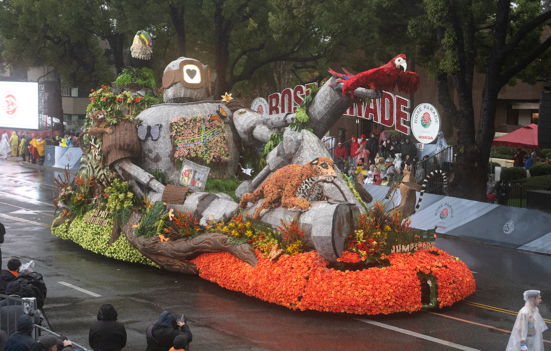 Side view Lunchbox the Robot and a colorful toucan, Macaw and Jaguar.