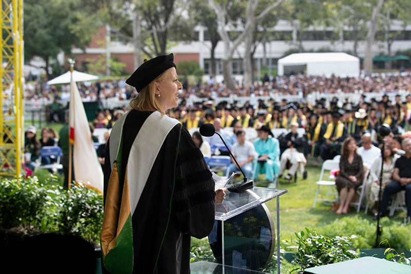 Susan Kellogg Bell looks torwards the crowd during the 2026 commencement ceremonies.