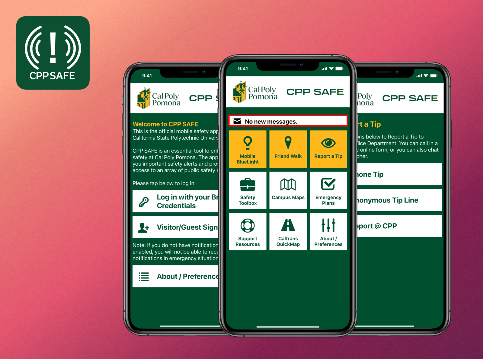 Screenshot of mobile phone and features available on the app such as mobile bluelight, friend walk and Safety Alert System. 