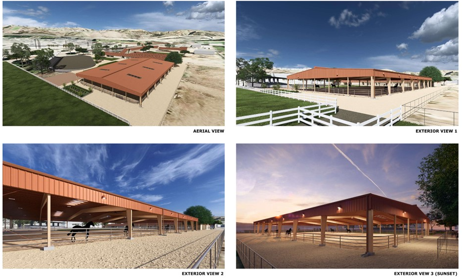 Arial View, Exterior View 1, Exterior View 2, Exterior View 3 with Sunset. 