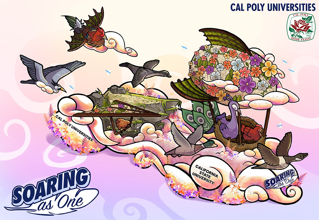 Rendering of the 2027 Rose Float featuring several species of birds. 