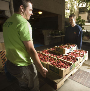 Farm Store employees move a pallet of strawberries at a market in the Kaiser Permanente offices in Pasadena on May 12, 2010.
