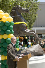 Vice President for Student Affairs Doug Freer speaks at Bronco statue unveiling on May 26, 2010.