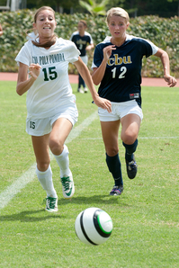 Angela Garcia outruns Samantha Myers for the ball during the Broncos scrimmage against Cal Baptist University August 22, 2012.