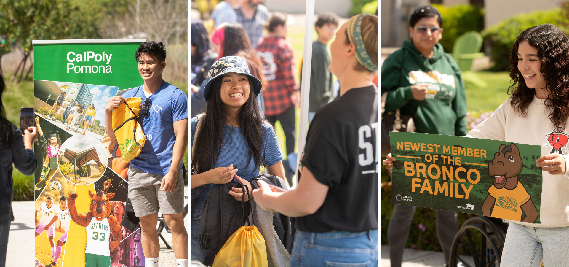 Male student poses on a Cal Poly Pomona banner, female student talks with a peer, female student holding sign that says Newest member of the Bronco family.
