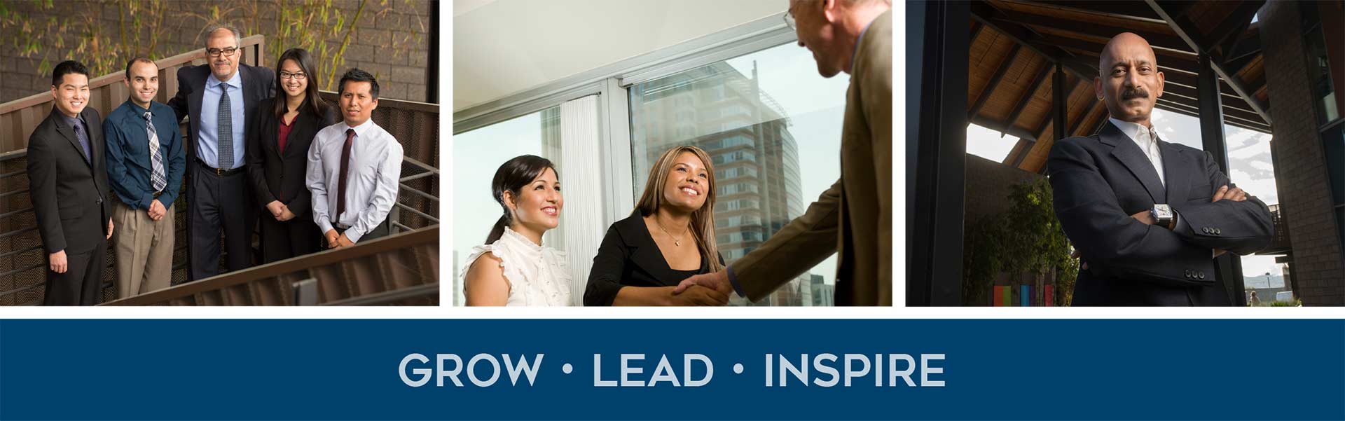 groups of managers with text grow, lead, inspire