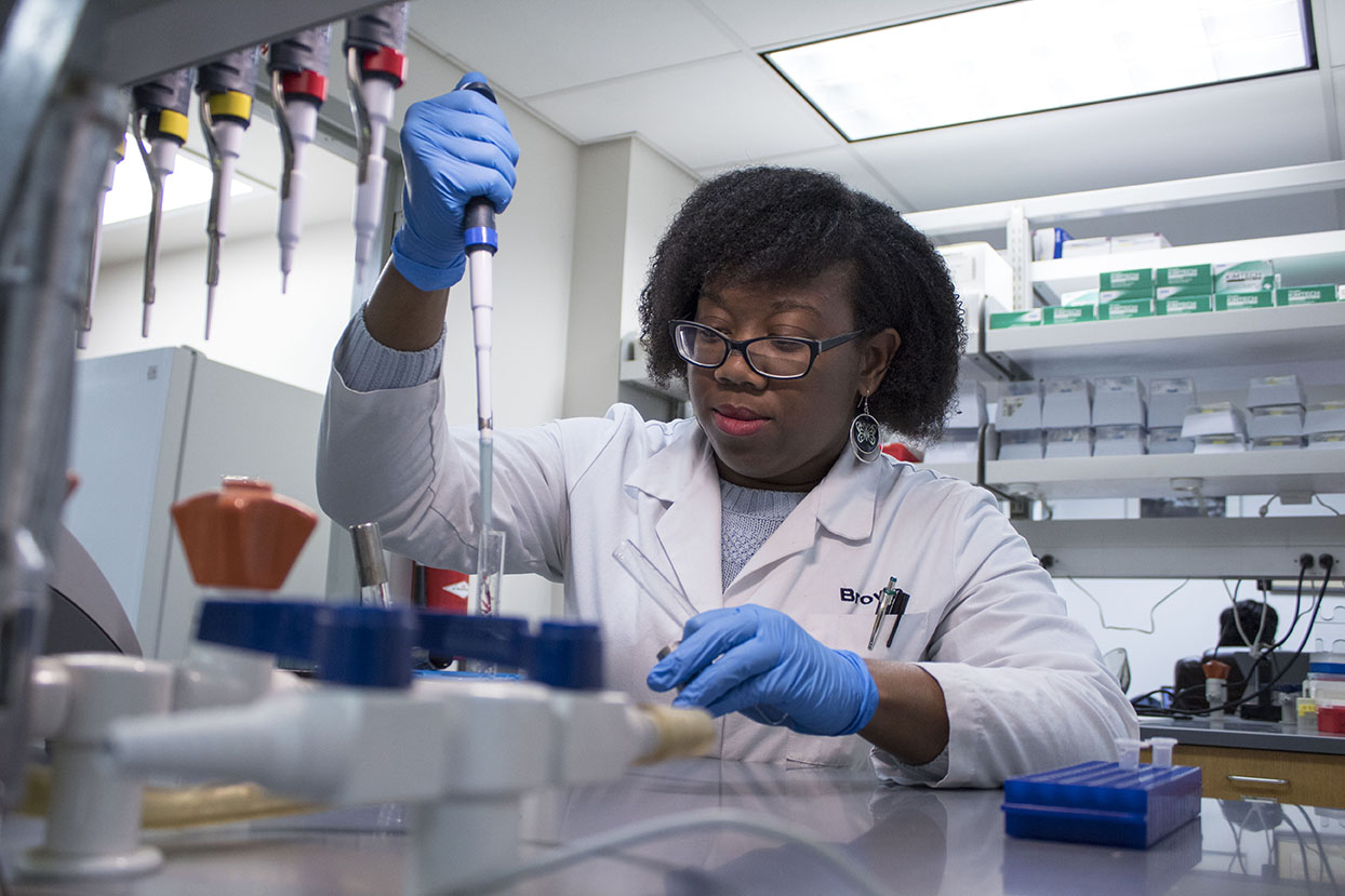 Female student in a chemical lab 