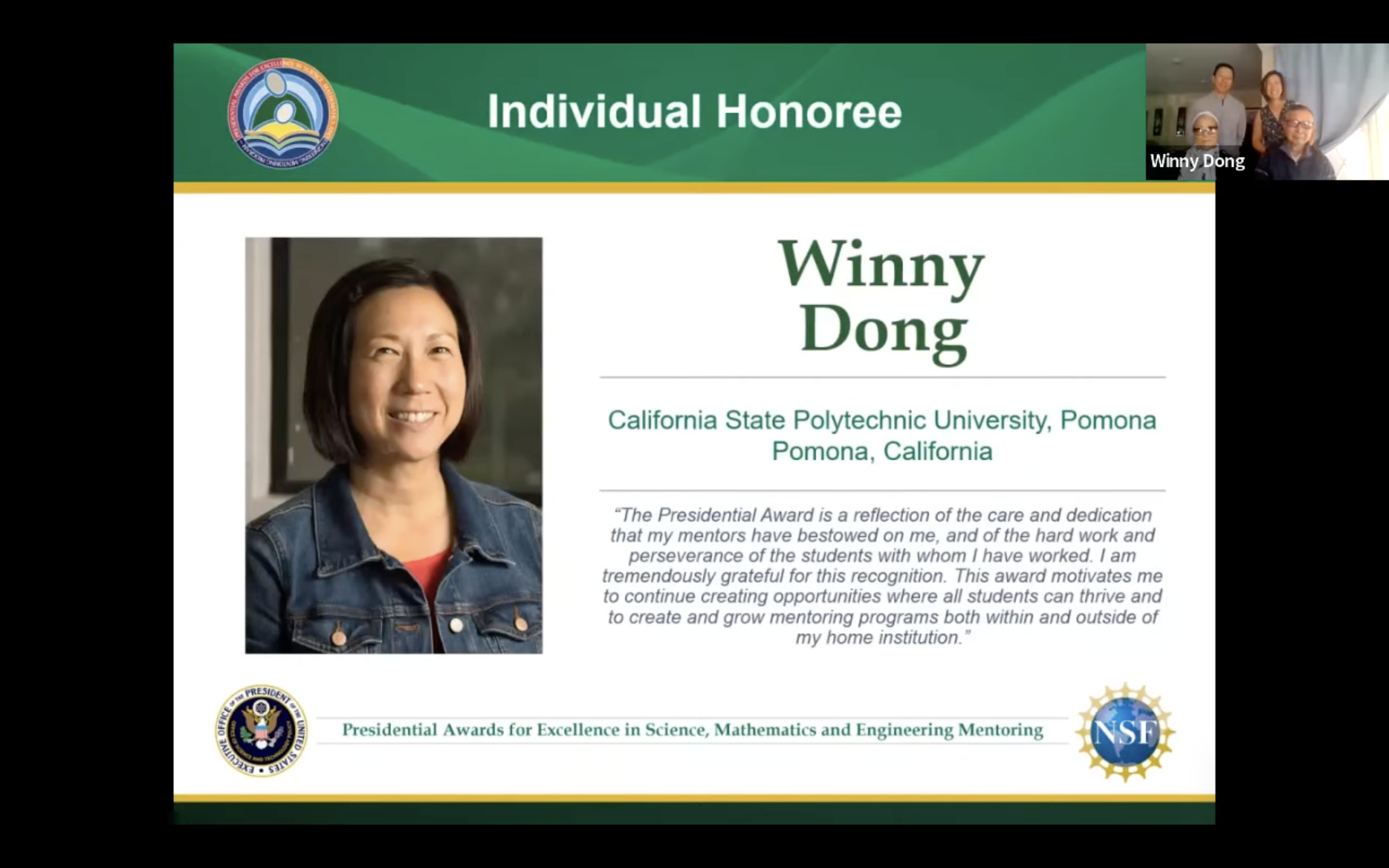 Winny Dong receiving award through zoom
