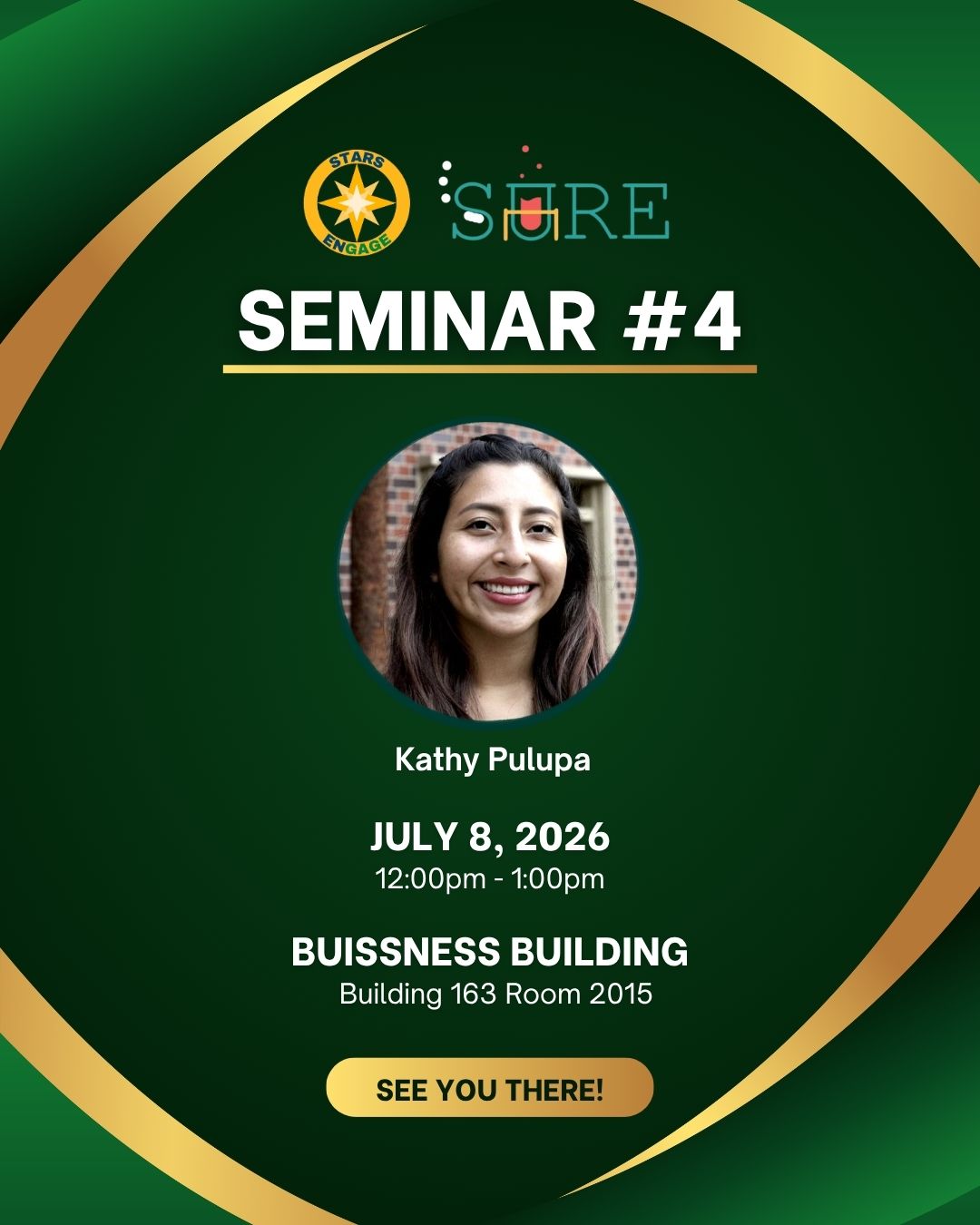 Promotional graphic featuring Kathy Pulupa's Seminar 4, July 8 at 12:00 PM, Building 163 Room 2005