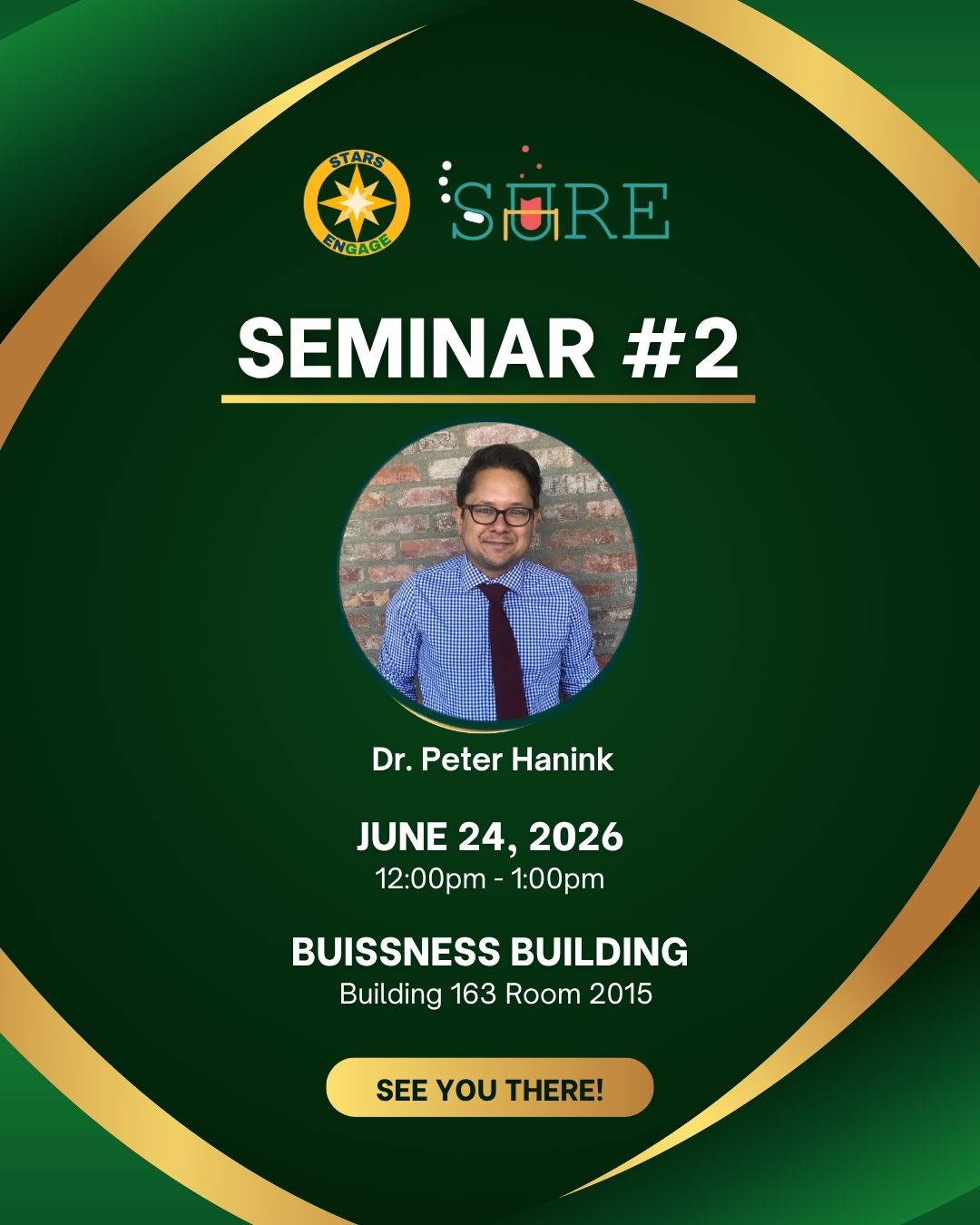 Promotional graphic featuring Dr. Peter Hanink's Seminar 2, June 17 at 12:00 PM, Building 163 Room 2005