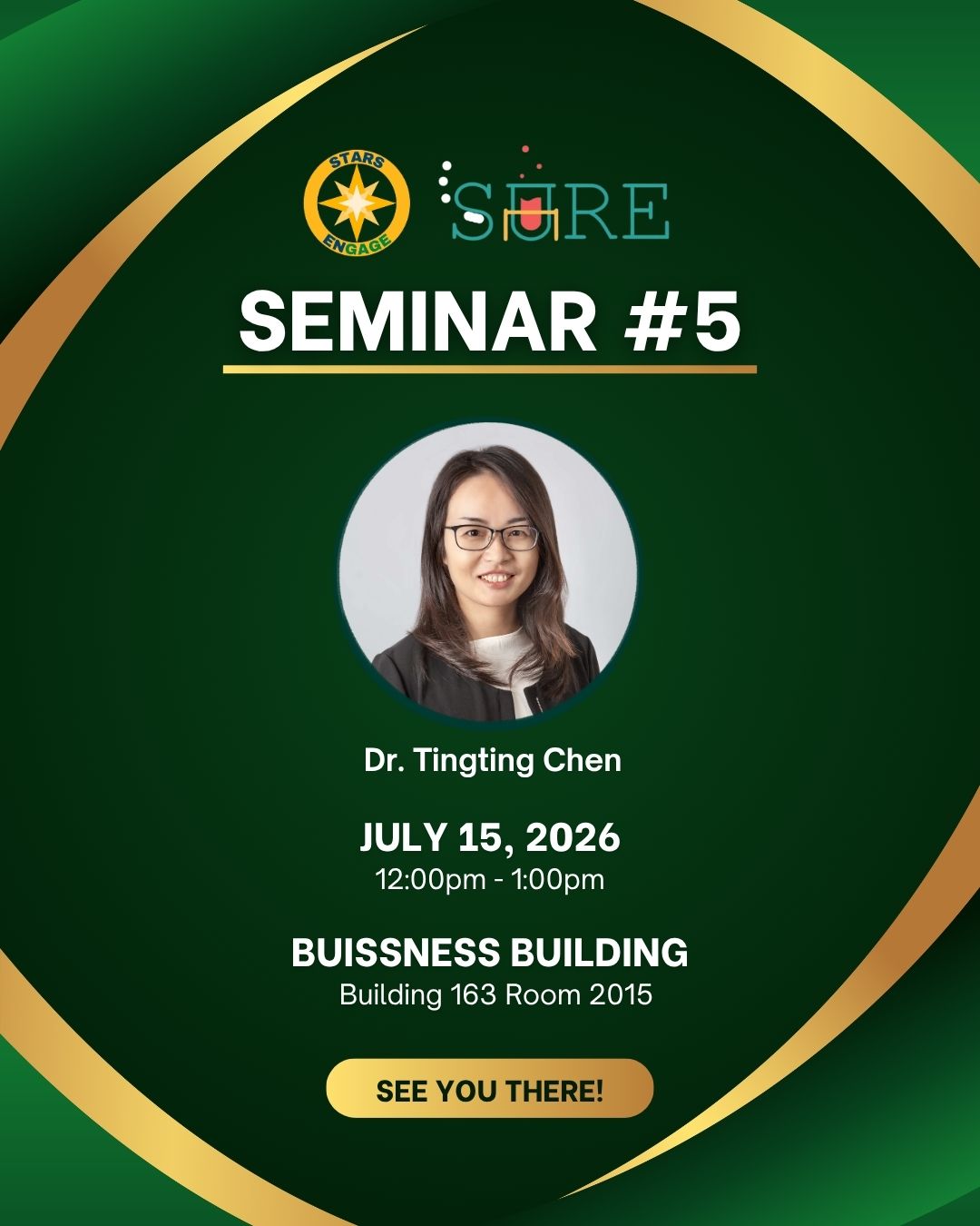 Promotional graphic featuring Dr. Tingting Chen's Seminar 5, July 5 at 12:00 PM, Building 163 Room 2005