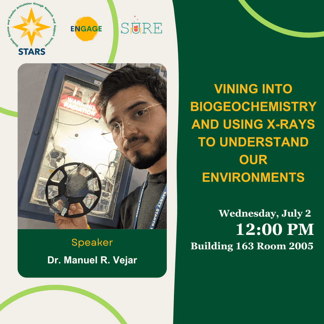 Promotional graphic featuring Dr. Manuel R. Vejar for a seminar titled "Vining Into Biogeochemistry and Using X-Rays to Understand our Environments" on July 2 at 12:00 PM, Building 163 Room 2005.