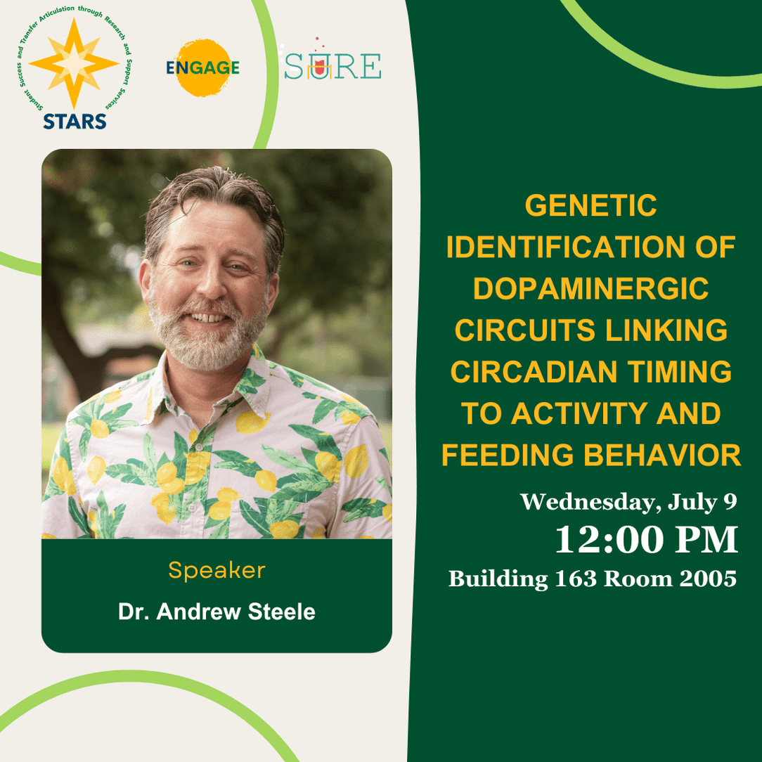 Promotional graphic featuring Dr. Andrew Steele for a seminar titled "Genetic Identification of Dopaminergic Circuits Linking Circadian Timing to Activity and Feeding Behavior" on July 19 at 12:00 PM, Building 163 Room 2005.