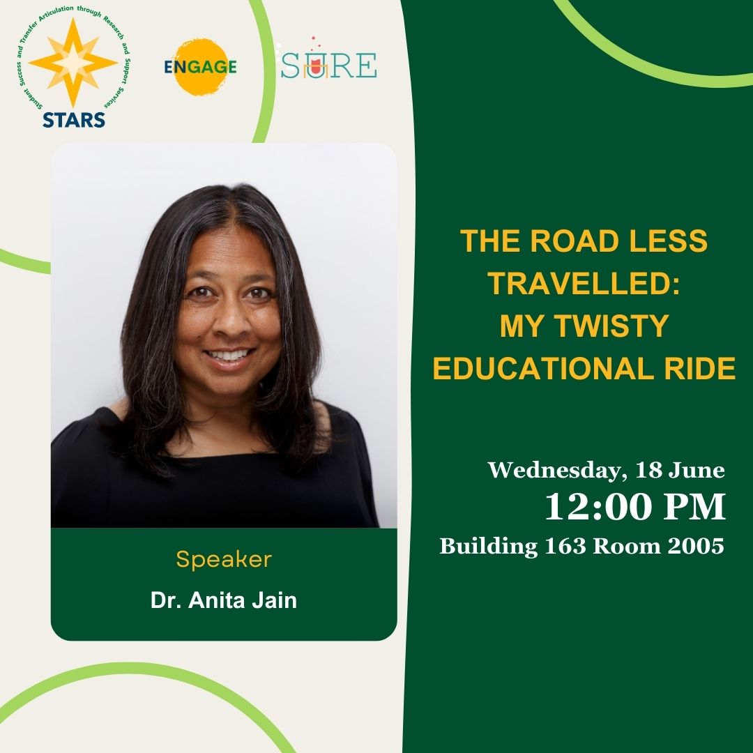 Promotional graphic featuring Dr. Anita Jain for a seminar titled "The Road Less Travelled: My Twisty Educational Ride" on June 18 at 12:00 PM, Building 163 Room 2005