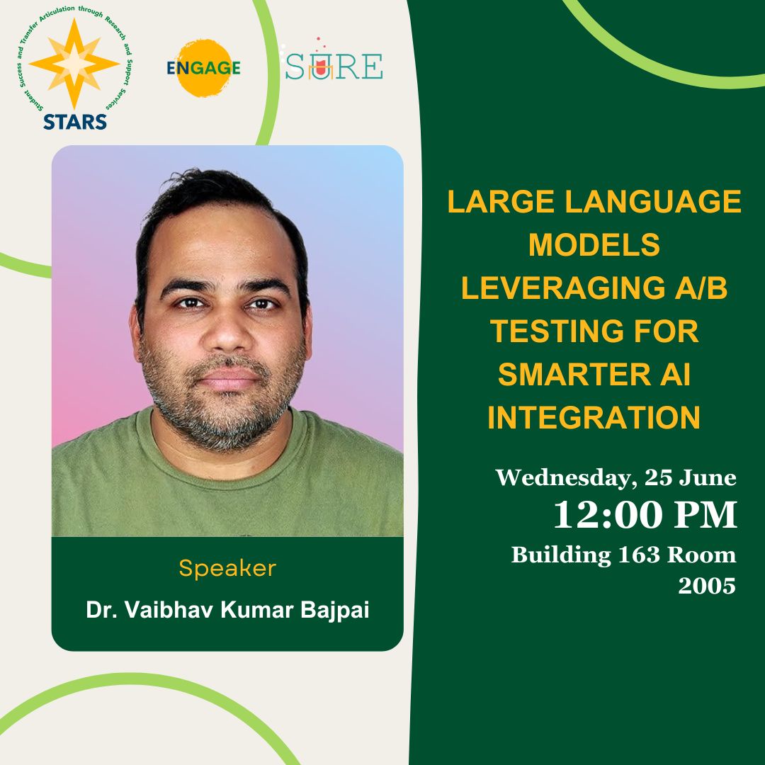 Promotional graphic featuring Dr. Vaibhav Kumar Bajpai for a seminar titled "Large Language Models Leveraging A/B Testing for Smarter AI Integration" on June 25 at 12:00 PM, Building 163 Room 2005.