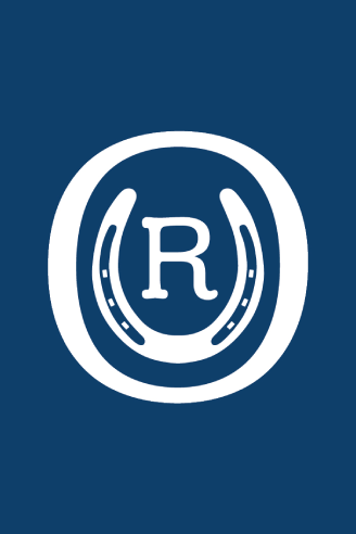 Icon for the OUR, of the letter O which encompasses a horseshoe and the letter R on a blue background