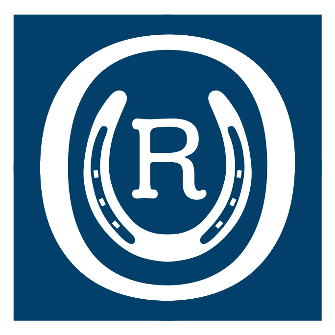 Icon for the OUR, of the letter O which encompasses a horseshoe and the letter R on a blue background