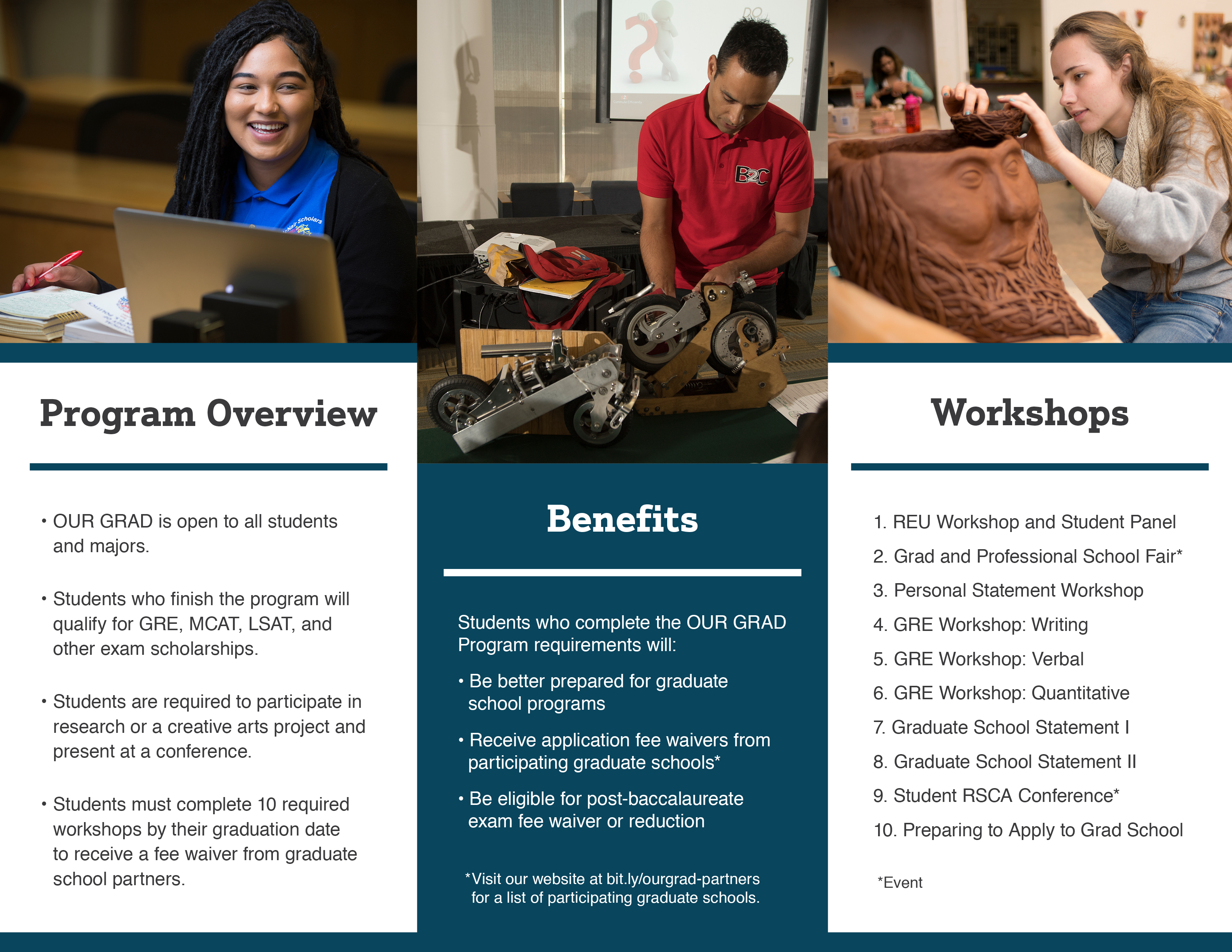 First column: Image of student smiling while writing notes. Program overview: OUR Grad is open to all students and majors. Students who finish the program will qualify for GRE, MCAT, LSAT, and other exam scholarships. Students are required to participate in research or a creative arts project and present at a conference. Students must complete 10 required workshops by their graduation date to receive a fee waiver from graduate school partners. Second column: Benefits: Students who complete the OUR GRAD Program requirements will: Be better prepared for graduate school programs. Receive application fee waivers from participating graduate schools (Visit our website at bit.ly/ourgrad-partners for a list of participating graduate schools). Third column: Workshops: (List) 1. REU Workshop and Student Panel 2. Grad and Professional SChool Fair (Event) 3. Personal Statement Workshop 4. GRE Workshop: Writing 5. GRE Workshop: Verbal 6. GRE Workshop: Quantitative 7. Graduate School Statement I 8. Graduate School Statement II 9. Student RSCA Conference (Student) 10. Preparing to Apply to Grad School