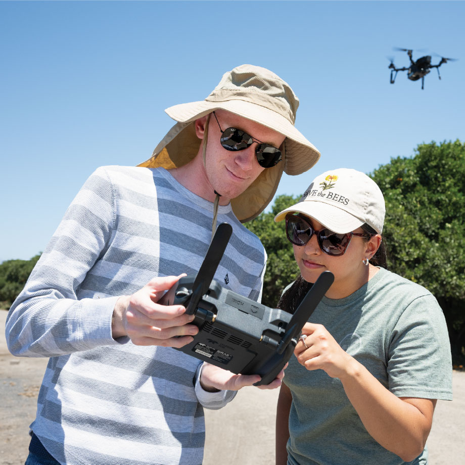 Two students flying a drone.