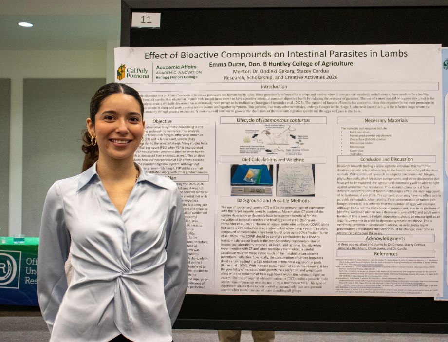 A student presenting her research poster at a conference.