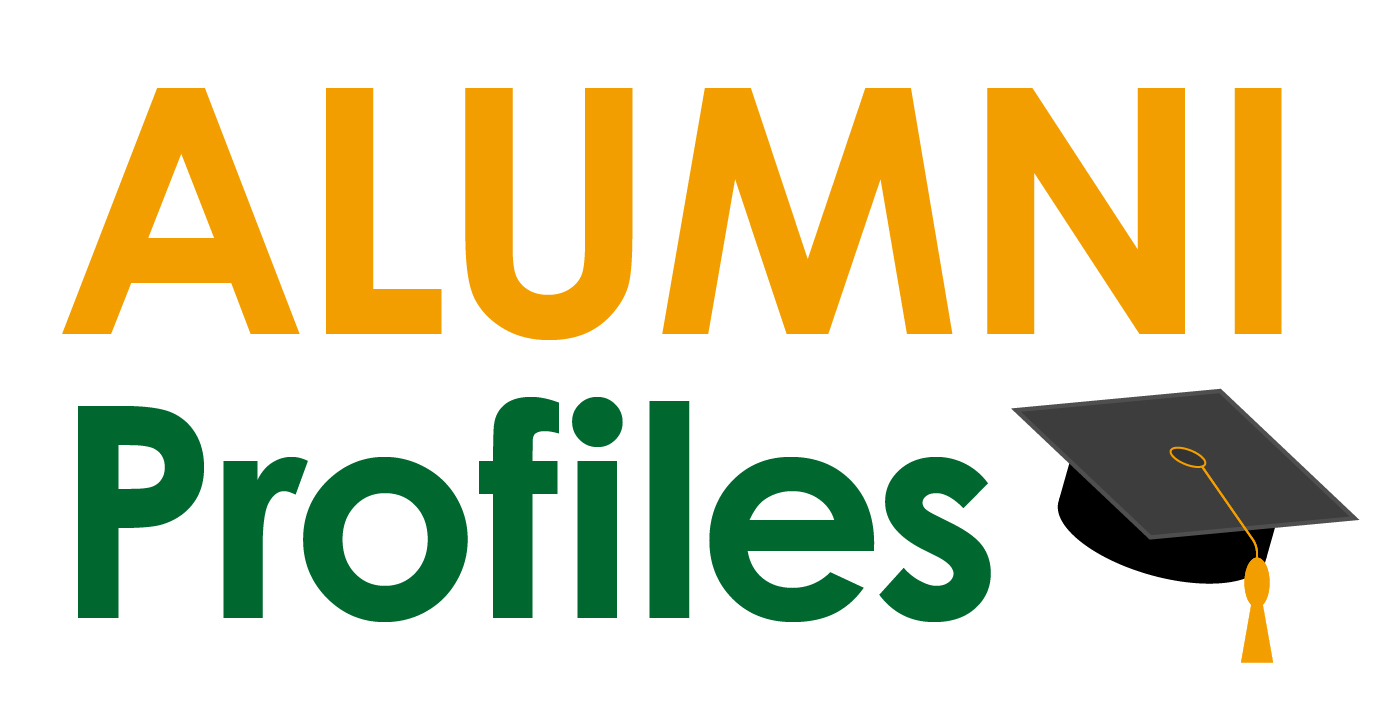 Text that says Alumni Profiles in green and yellow text