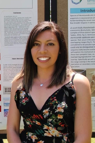 Student standing in front of her poster presentation at a research conference