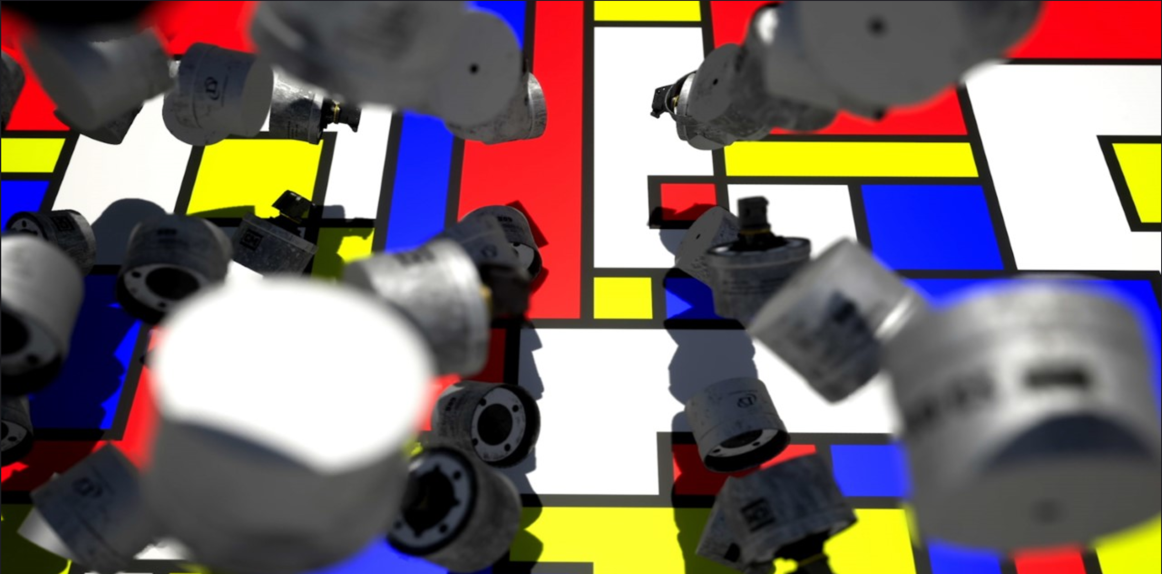 Background is composed of a series of a graphic, grid-like patterns of geometric shapes (squares and rectangles) in primary colors of blue, red and yellow, plus black and white, similar to a Mondrian painting in style. Overlayed in black, white and shades of grey are a series of synthetically-generated images of exploded tear gas grenade canisters used to disburse immigrants at the US/Mexican border in November 2018.   When US border agents fired tear gas grenades at civilians in November 2018, photographs showed that many of those grenades were manufactured by the Safariland Group, one of the world’s major manufacturers of so-called ‘less-lethal munitions’. The Safariland Group is owned by Warren B. Kanders, the vice chair of the board of trustees of the Whitney Museum of American Art.  Whereas the export of military equipment from the US is a matter of public record, the sale and export of tear gas is not. As a result, it is only when images of tear gas canisters appear online that monitoring organizations and the public can know where they have been sold, and who is using them.  But this kind of manual research is laborious, and time-consuming. Automating any part of that process could be hugely beneficial to human rights monitors, and the pursuit of corporate accountability in the global arms trade.