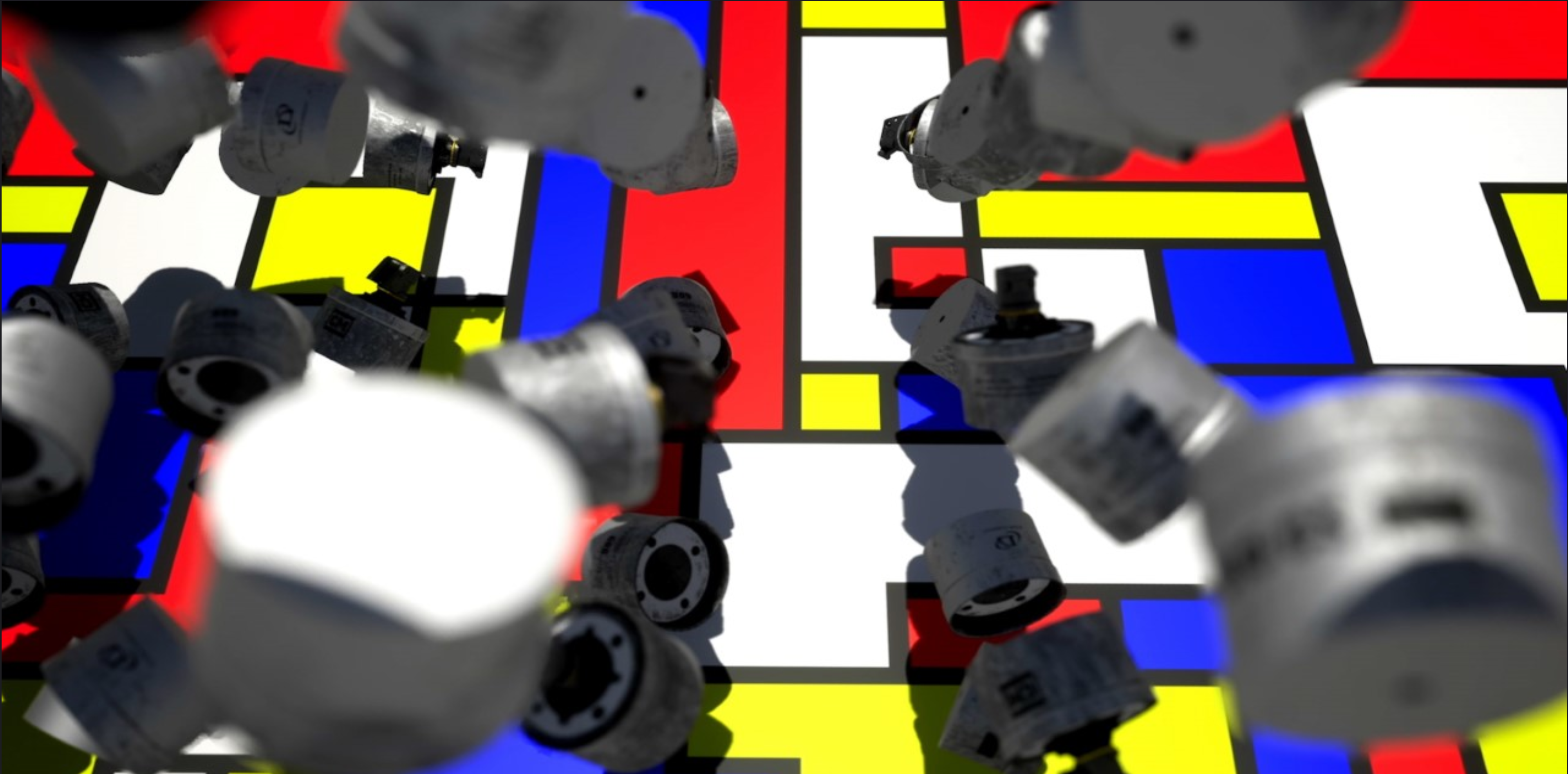 Background is composed of a series of a graphic, grid-like patterns of geometric shapes (squares and rectangles) in primary colors of blue, red and yellow, plus black and white, similar to a Mondrian painting in style. Overlayed in black, white and shades of grey are a series of synthetically-generated images of exploded tear gas grenade canisters used to disburse immigrants at the US/Mexican border in November 2018. libyan-coastguard .