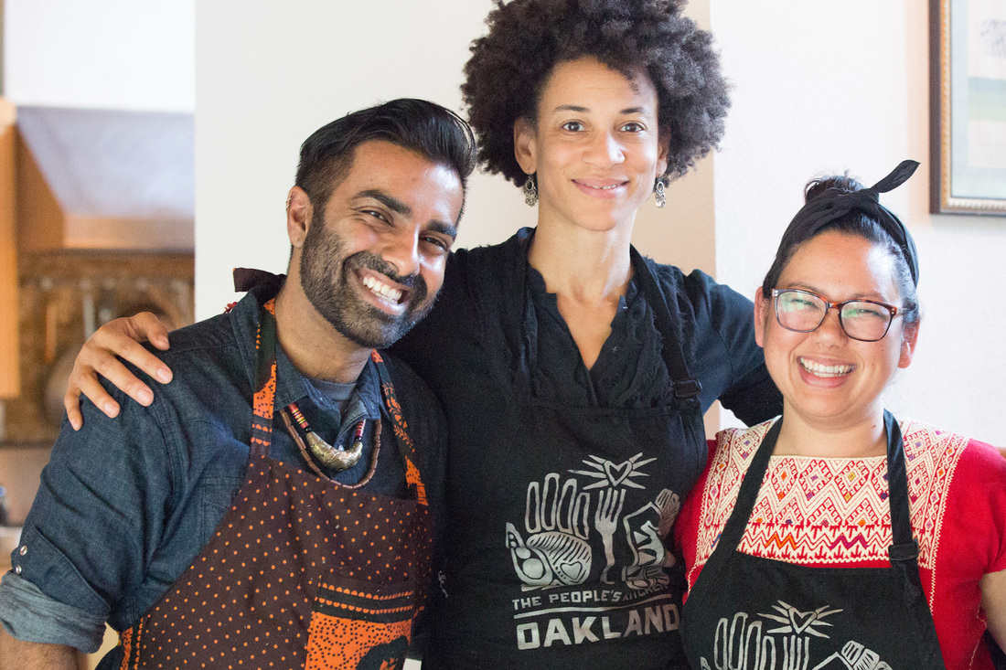 Group photo of 2. People's Kitchen Collective Co-Founders Saqib Keval, Jocelyn Jackson, and Sita Bhaumik at the Montalvo Arts Center's Lucas Artist Residency Program. 