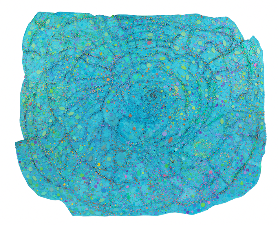 Blue version of Howardena Pindell, Night Flight, mixed media on canvas, 2015–2016, 63 x 77". 