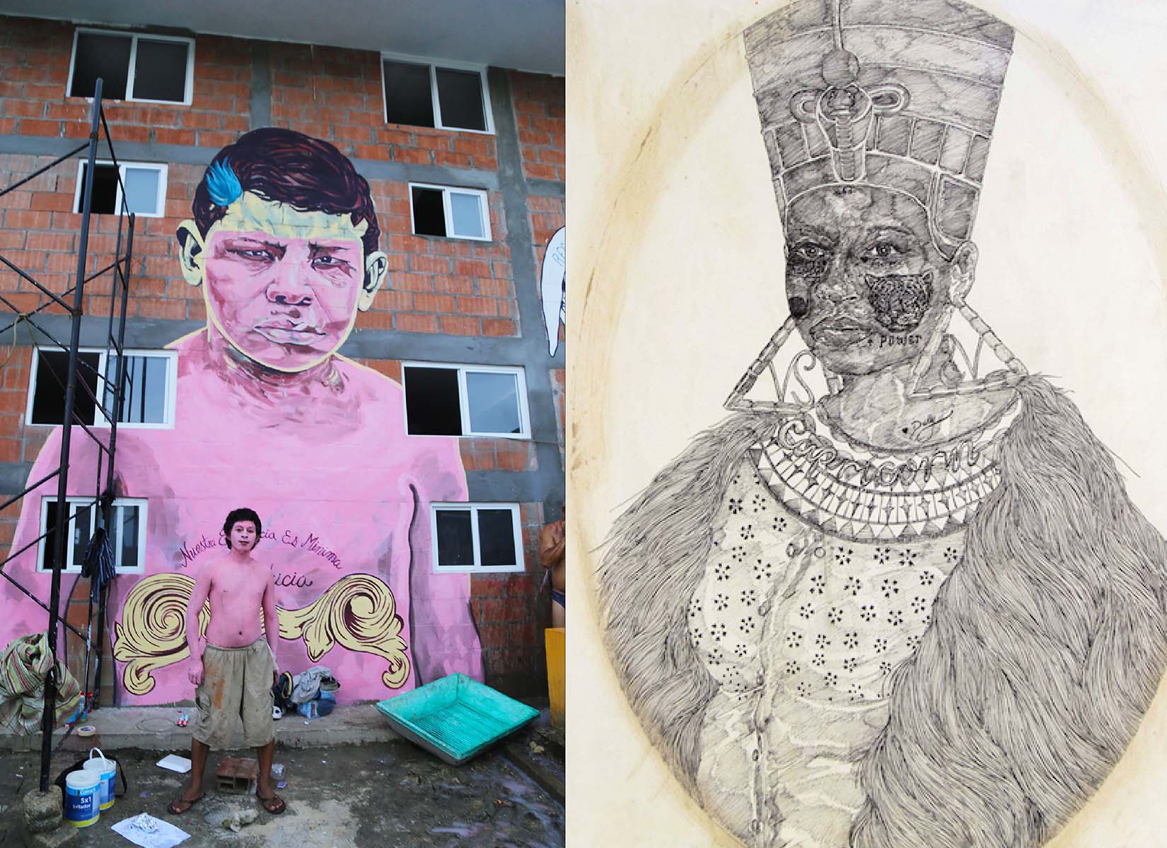 (Left) La 72, Tenosique Chiapas. Albuergue Migrante. Courtesy of Caleb Duarte. (Right) Isabel, Queen of Harlem. The good mother we all wished we had. Messier no. 41., 2017. Courtesy of Umar Rashid.
