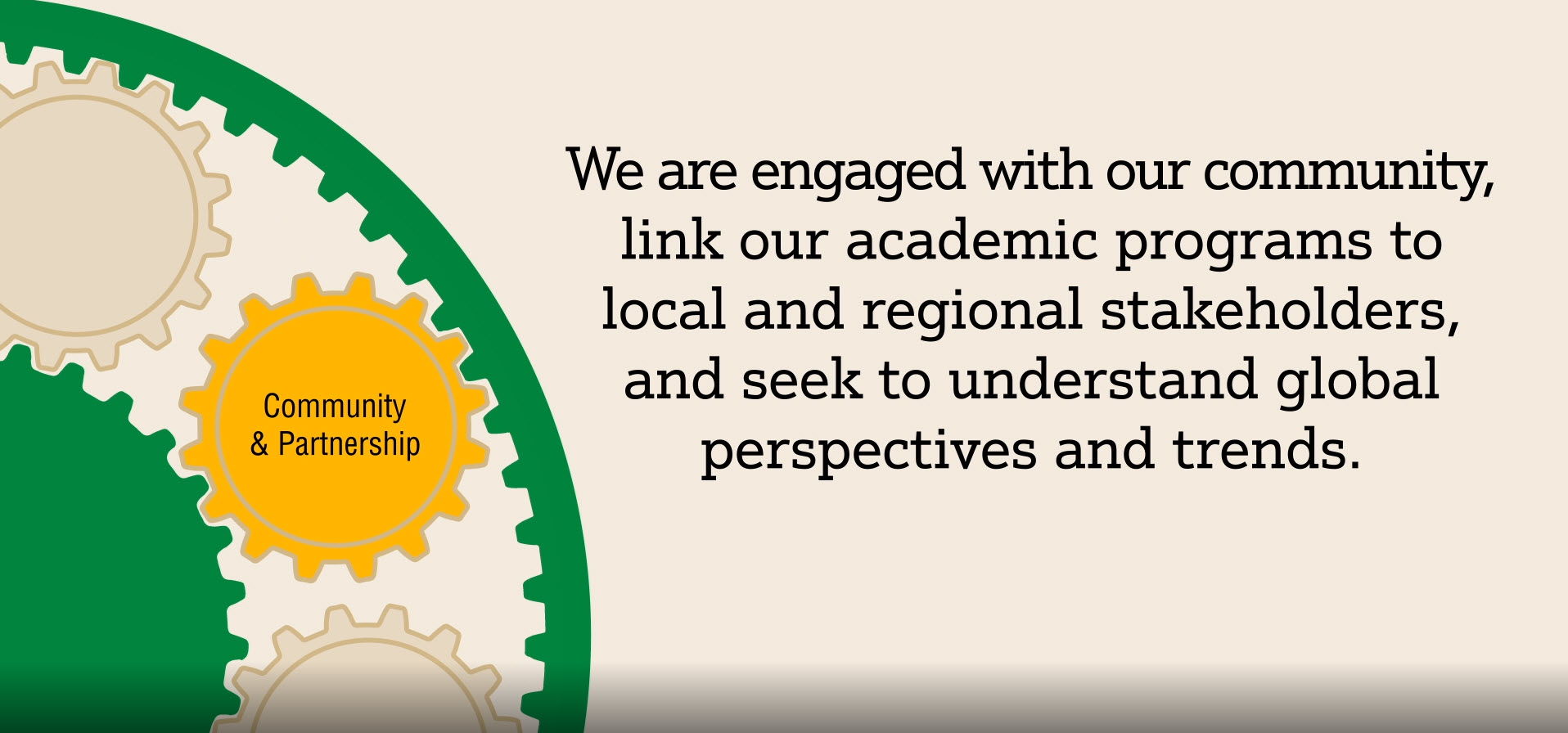 We are engaged with our community, link our academic programs to local and regional stakeholders, and seek to understand global perspectives and trends.