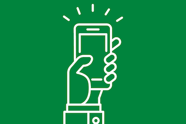 An icon of a hand holding up a smartphone on a green background