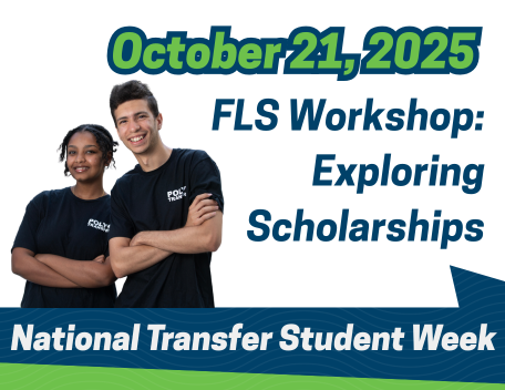 Financial Literacy Series Workshop: Exploring Scholarships featuring two students standing back to back in PolyTransfer shirts