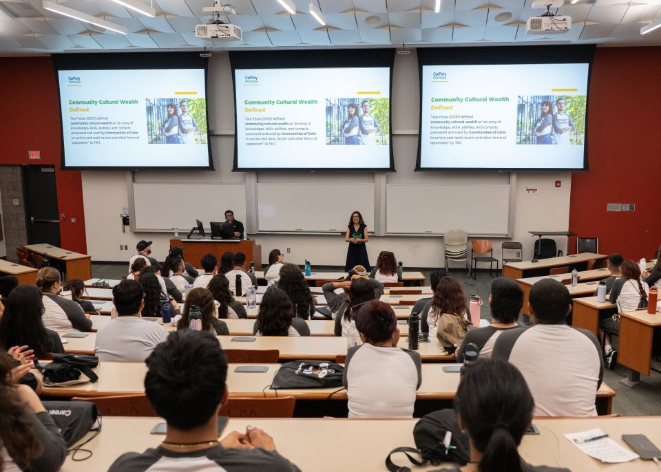 Photo of students listening to presentation at summer program from behind
