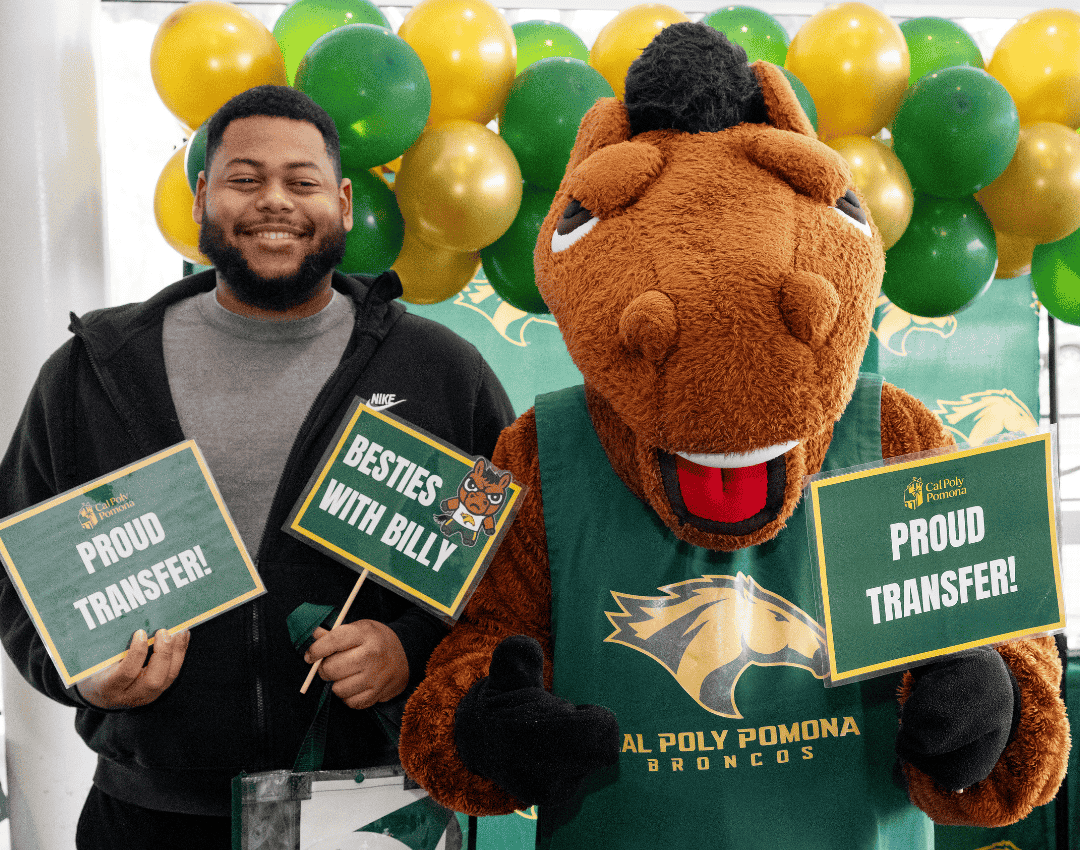 Student with Billy Bronco at the Resource Fair at the Chaffey College Admitted Transfer Student Celebration 
