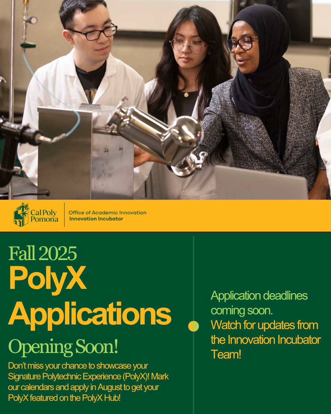 Cal Poly Pomona flyer promoting Spring 2025 PolyX Applications with key dates and an image of students and a professor in a lab setting.